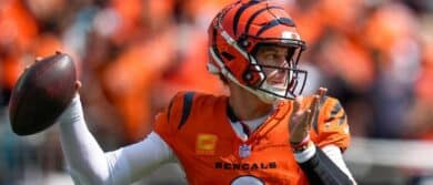 Cincinnati Bengals quarterback Joe Burrow (9) throws a pass in the first quarter of the NFL Week 2 game between the Cincinnati Bengals and the Jacksonville Jaguars at Paycor Stadium in downtown Cincinnati on Sunday, Sept. 14, 2025. The Jaguars led 17-10 at halftime.
