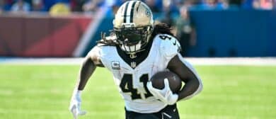 ew Orleans Saints running back Alvin Kamara (41) carries the ball against the Buffalo Bills in the third quarter at Highmark Stadium.