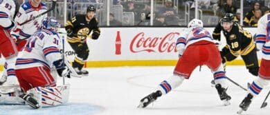 Boston Bruins center Pavel Zacha (18) scores a goal against New York Rangers goaltender Igor Shesterkin (31) during the first period at TD Garden.