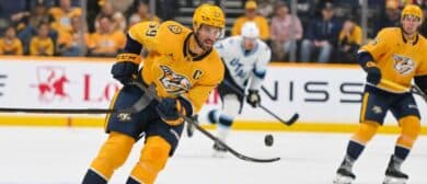 Nashville Predators defenseman Roman Josi (59) passes the puck against the Utah Mammoth during the third period at Bridgestone Arena