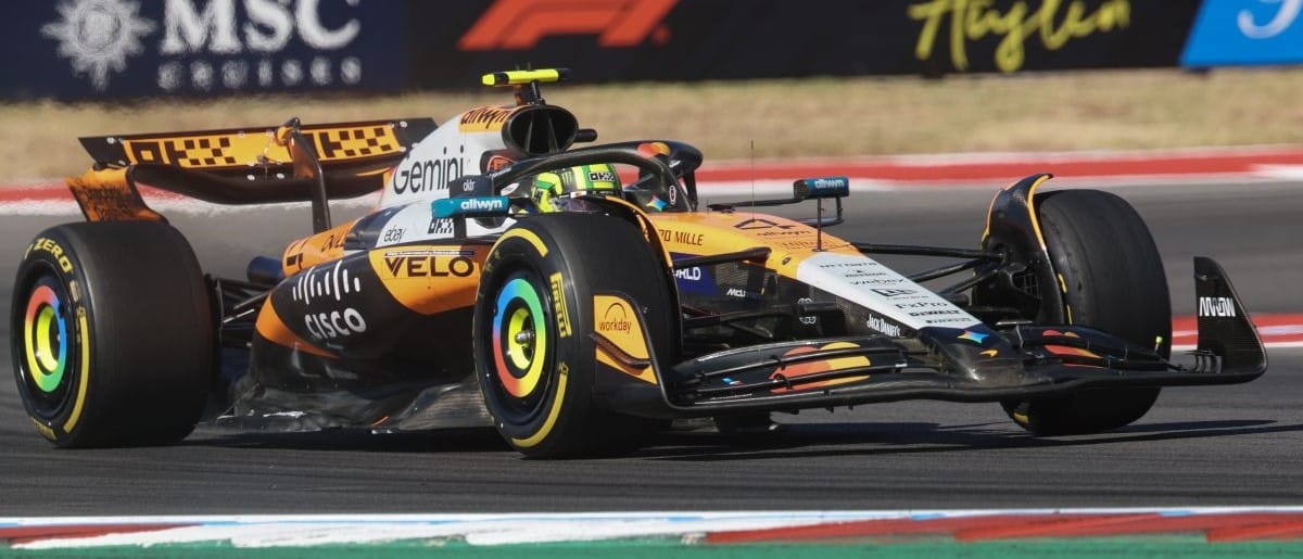 McLaren Renault Team driver Lando Norris (4) of Team Great Britain, second place into turn 20 at Circuit of The Americas Austin