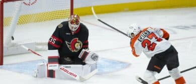 Ottawa Senators goalie Linus Ullmark (35) makes a save on a shot from Philadelphia Flyers left wing Noah Cates (27) in the third period at the Canadian Tire Centre