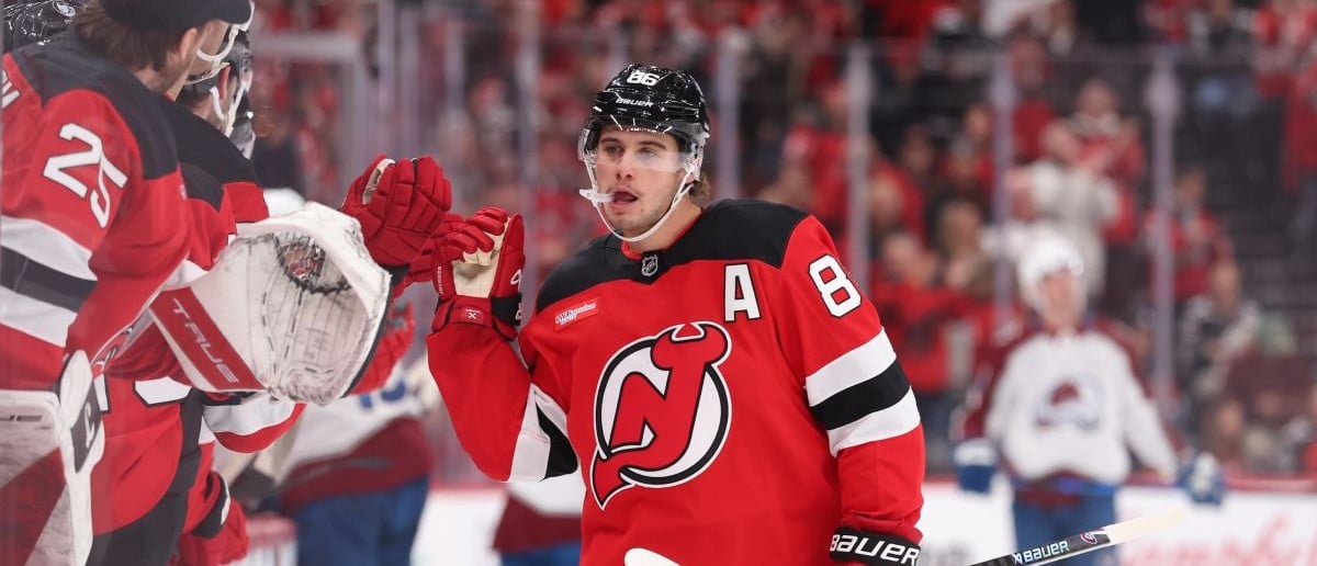 New Jersey Devils center Jack Hughes (86) celebrates his goal against the Colorado Avalanche during the first period at Prudential Center