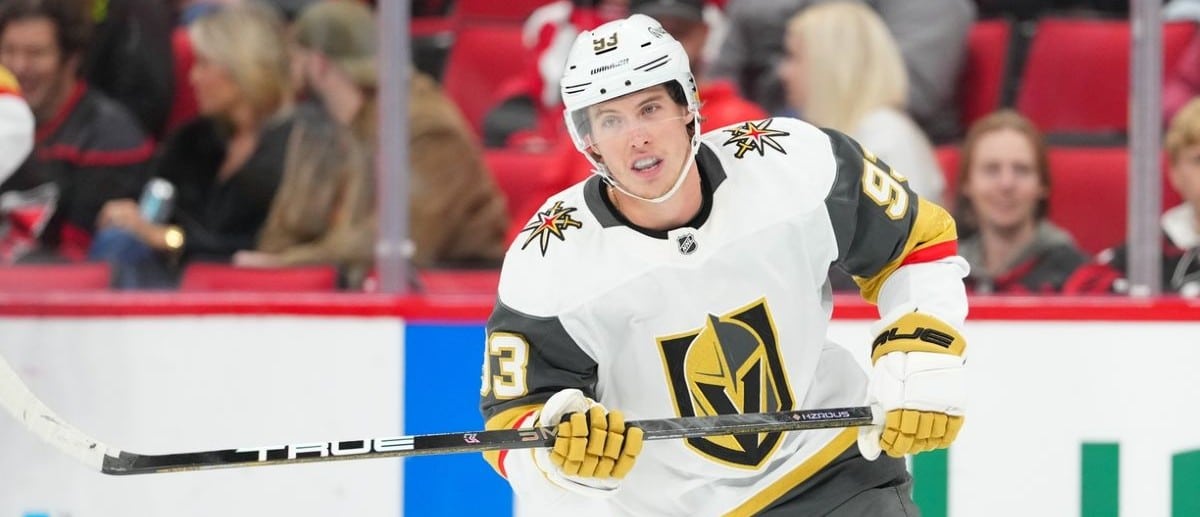 Vegas Golden Knights right wing Mitch Marner (93) skates against the Carolina Hurricanes during the first period at Lenovo Center