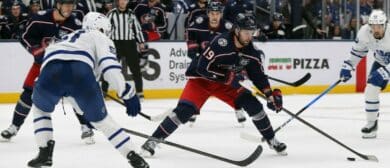 Columbus Blue Jackets center Adam Fantilli (19) carries the puck as Toronto Maple Leafs defenseman Philippe Myers (51) defnds during the second period at Nationwide Arena.