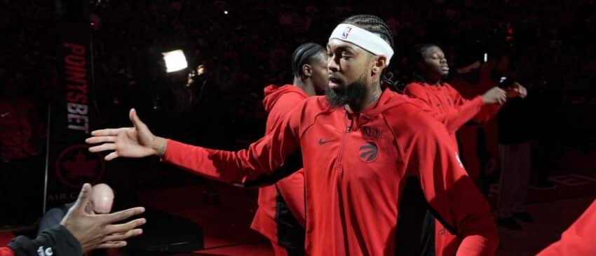 Toronto Raptors forward Brandon Ingram (3) comes onto the court during player introductions before a game against the Houston Rockets at Scotiabank Arena.