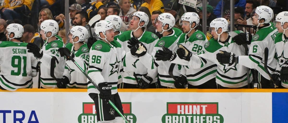Dallas Stars right wing Mikko Rantanen (96) celebrates with his teammates after scoring a goal against the Nashville Predators during the third period at Bridgestone Arena.