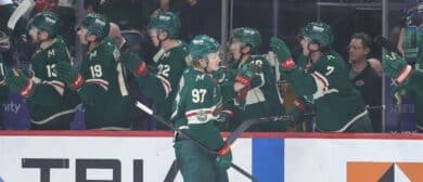 Minnesota Wild left wing Kirill Kaprizov (97) celebrates his goal with teammates during the first period against the Pittsburgh Penguins at Grand Casino Arena.