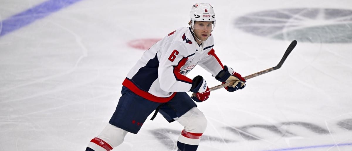 Washington Capitals defenseman Jakob Chychrun (6) skates against the Dallas Stars during the game between the Stars and the Capitals at the American Airlines Center