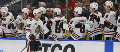 The Chicago Blackhawks celebrate a goal scored by forward Andre Burakovsky (28) during the third period against the Edmonton Oilers at Rogers Place