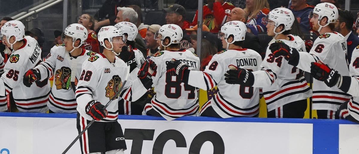 The Chicago Blackhawks celebrate a goal scored by forward Andre Burakovsky (28) during the third period against the Edmonton Oilers at Rogers Place