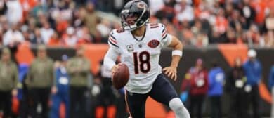 Chicago Bears quarterback Caleb Williams (18) looks to pass the ball against the Cincinnati Bengals during the first quarter at Paycor Stadium.