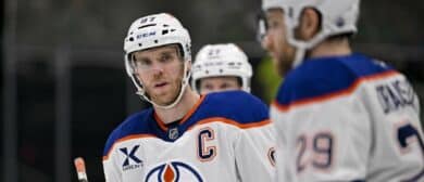 Edmonton Oilers center Connor McDavid (97) and center Leon Draisaitl (29) prepare to go on the power play against the Dallas Stars during the first period at the American Airlines Center.