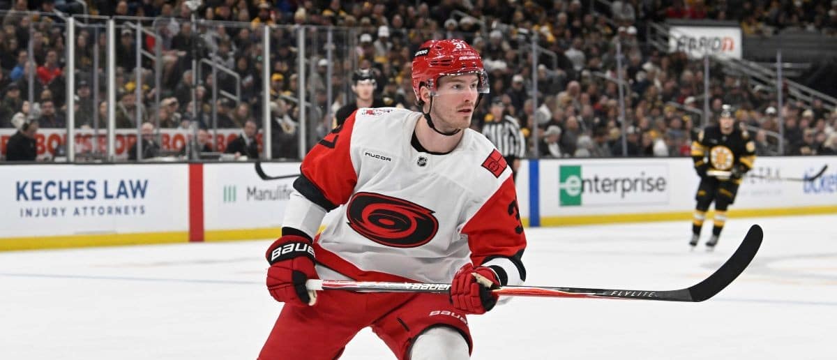 Carolina Hurricanes right wing Andrei Svechnikov (37) skates during the second period against the Boston Bruins at TD Garden.