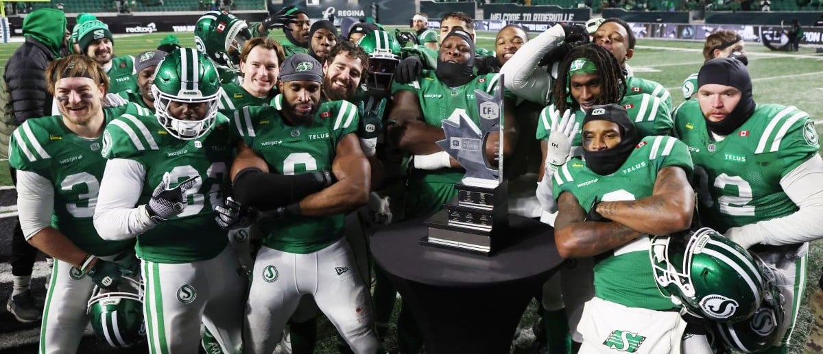 Saskatchewan Roughriders celebrate their win after the game during the CFL Western Conference Final between the BC Lions and the Saskatchewan Roughriders at Mosaic Stadium. Roughriders win 24-21 over the Lions