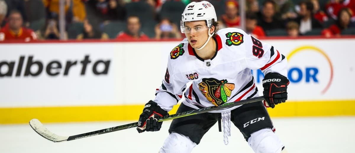 Chicago Blackhawks center Connor Bedard (98) skates against the Calgary Flames during the third period at Scotiabank Saddledome