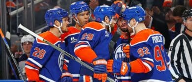 The Edmonton Oilers celebrate a goal scored by defenseman Jake Wahlman (96) during the first period against the Columbus Blue Jackets at Rogers Place