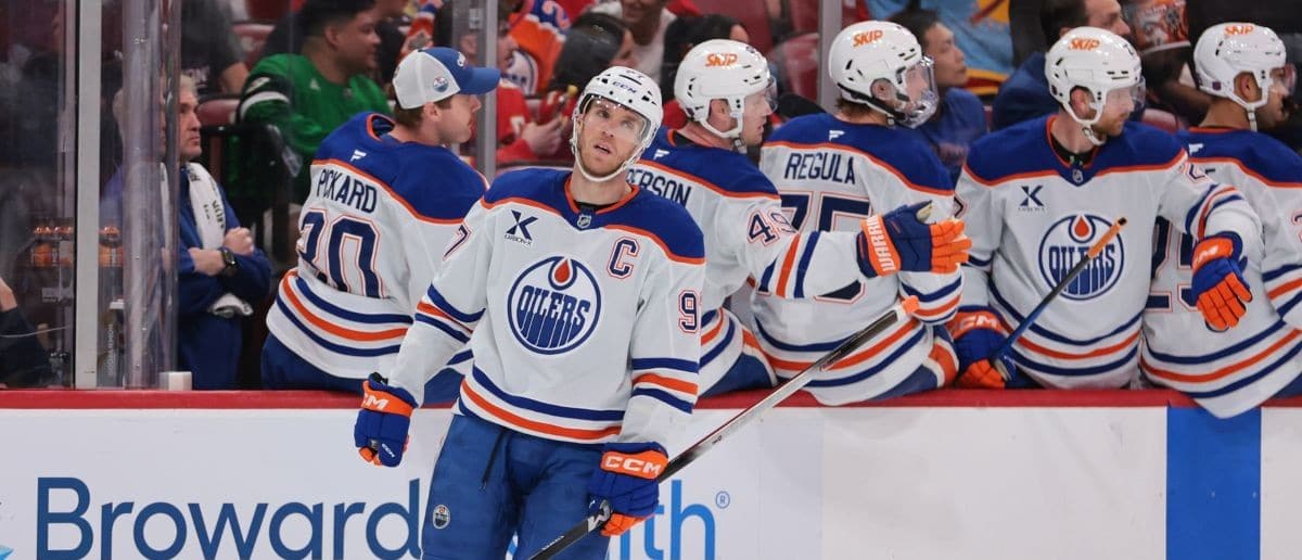 Edmonton Oilers center Connor McDavid (97) looks on after scoring against the Florida Panthers during the third period at Amerant Bank Arena.