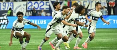 Vancouver Whitecaps FC team celebrates the win during kicks from the penalty spot against Los Angeles FC at BC Place