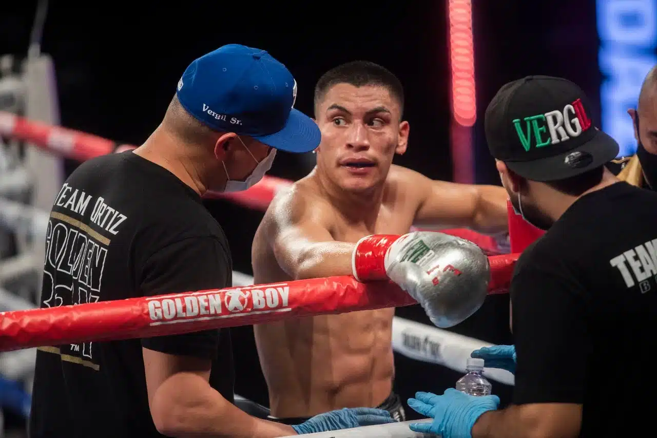 Vergil Ortiz Jr., in red corner, a bout at Fantasy Springs Resort Casino on July 24, 2020.