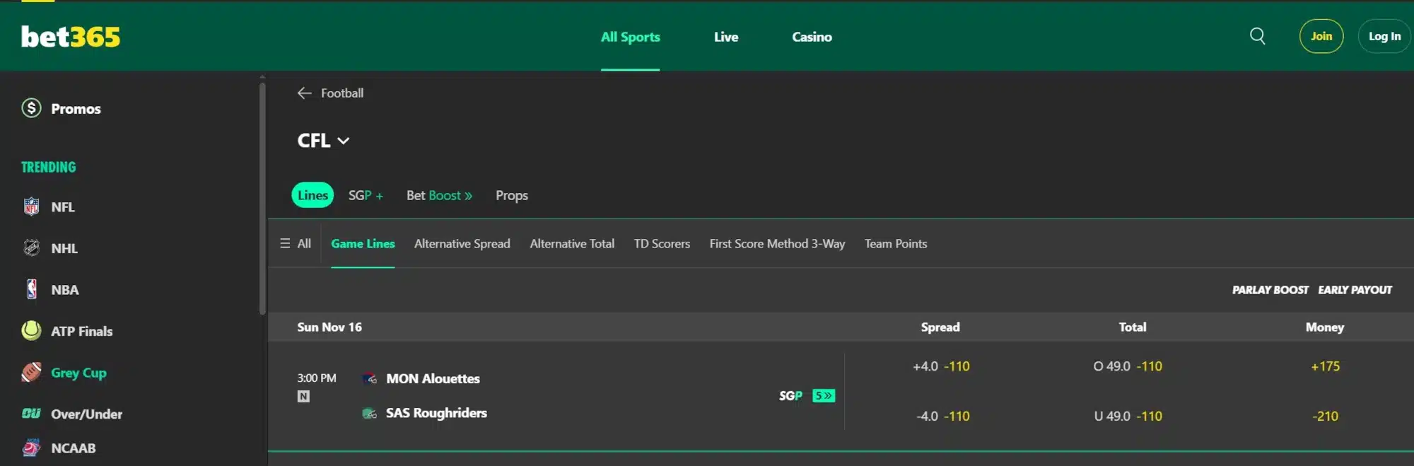 A screenshot of the desktop view of bet365's CFL odds