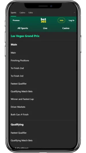 A view of bet365's F1 betting app on an iPhone 