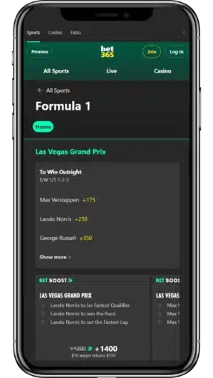 A view of bet365's F1 betting app on an iPhone 