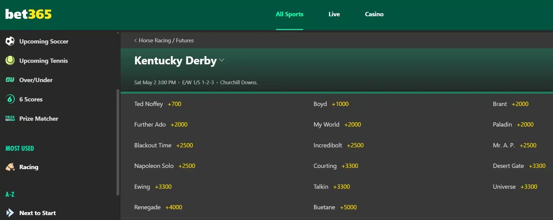 A screenshot showing bet365's Kentucky Derby Odds in desktop view