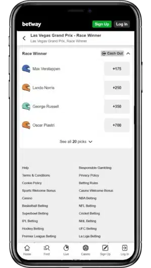 A view of Betway's F1 betting app on an iPhone 