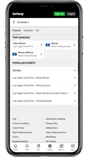 A view of Betway's F1 betting app on an iPhone 