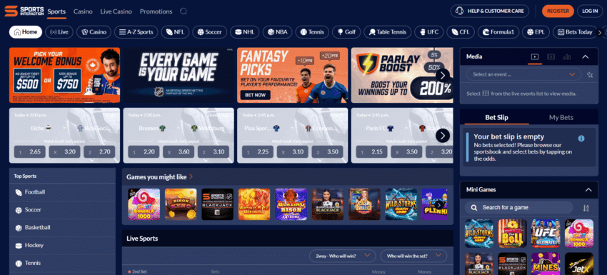 A screenshot desktop view of Sports Interaction's home page.