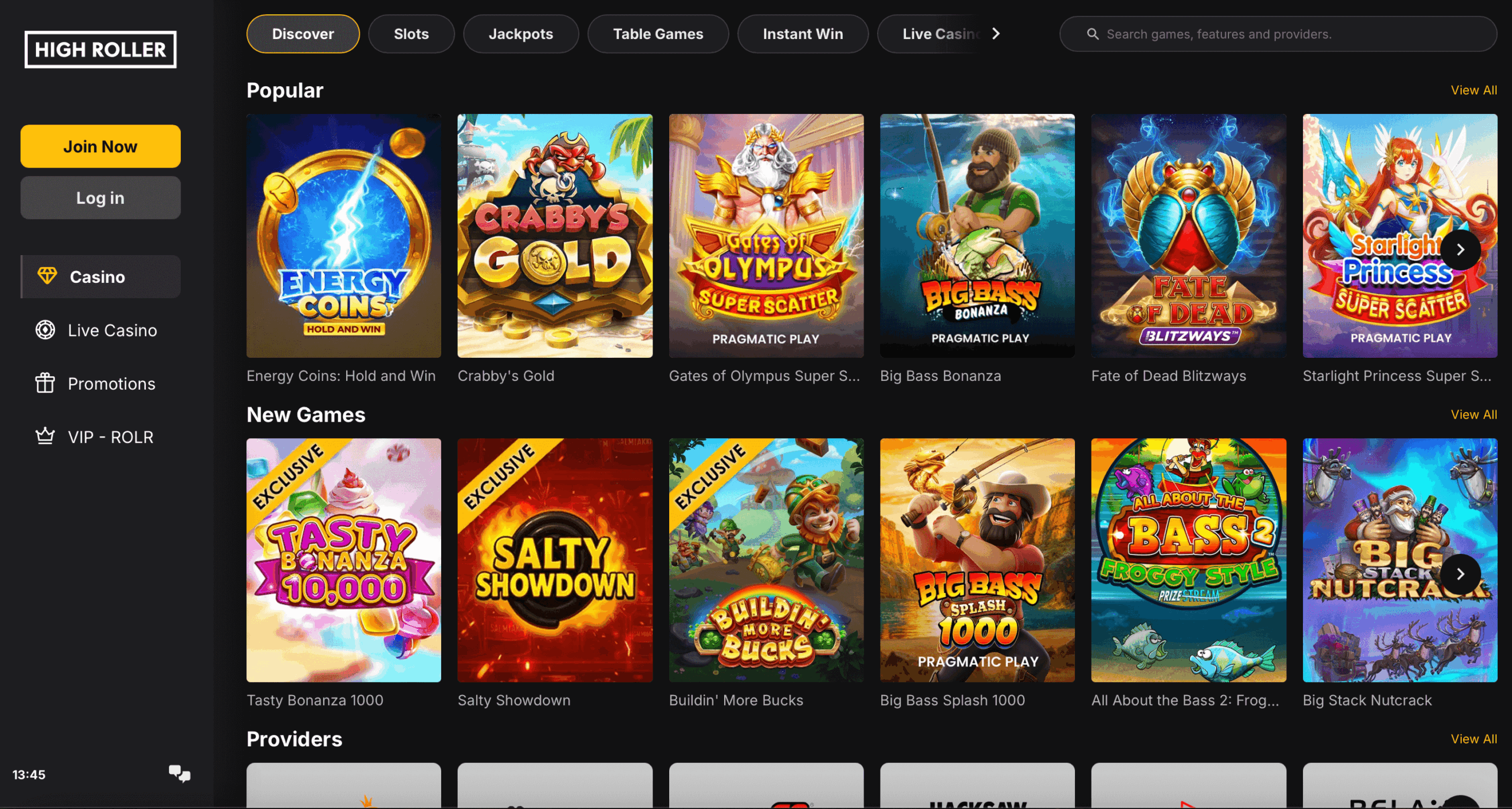 A screenshot of High Roller Casino's home page as viewed by desktop