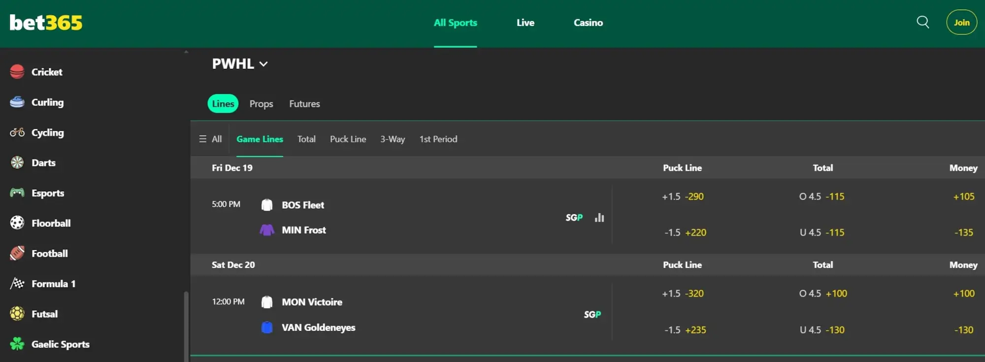 A screenshot of the deskto pview of bet365's PWHL betting odds.