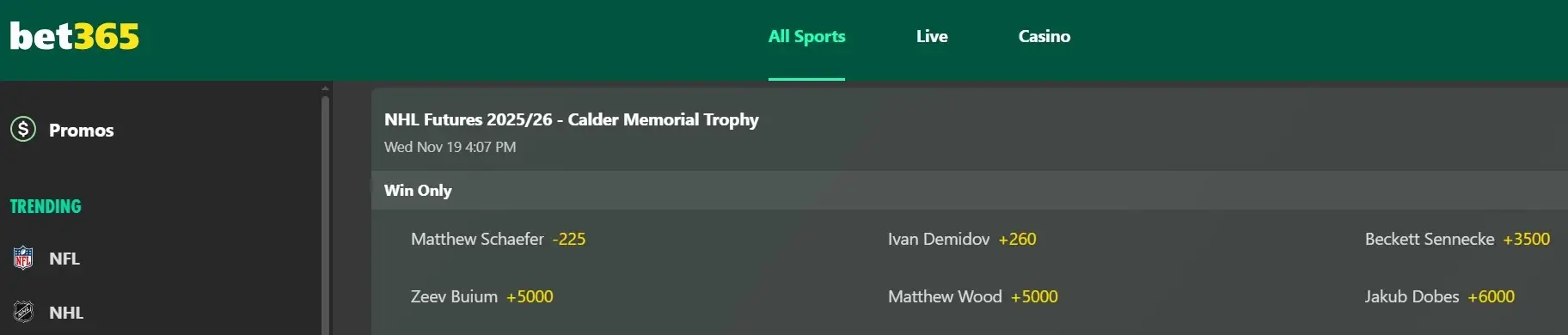 A screenshot of the desktop view of bet365's Calder Trophy odds.