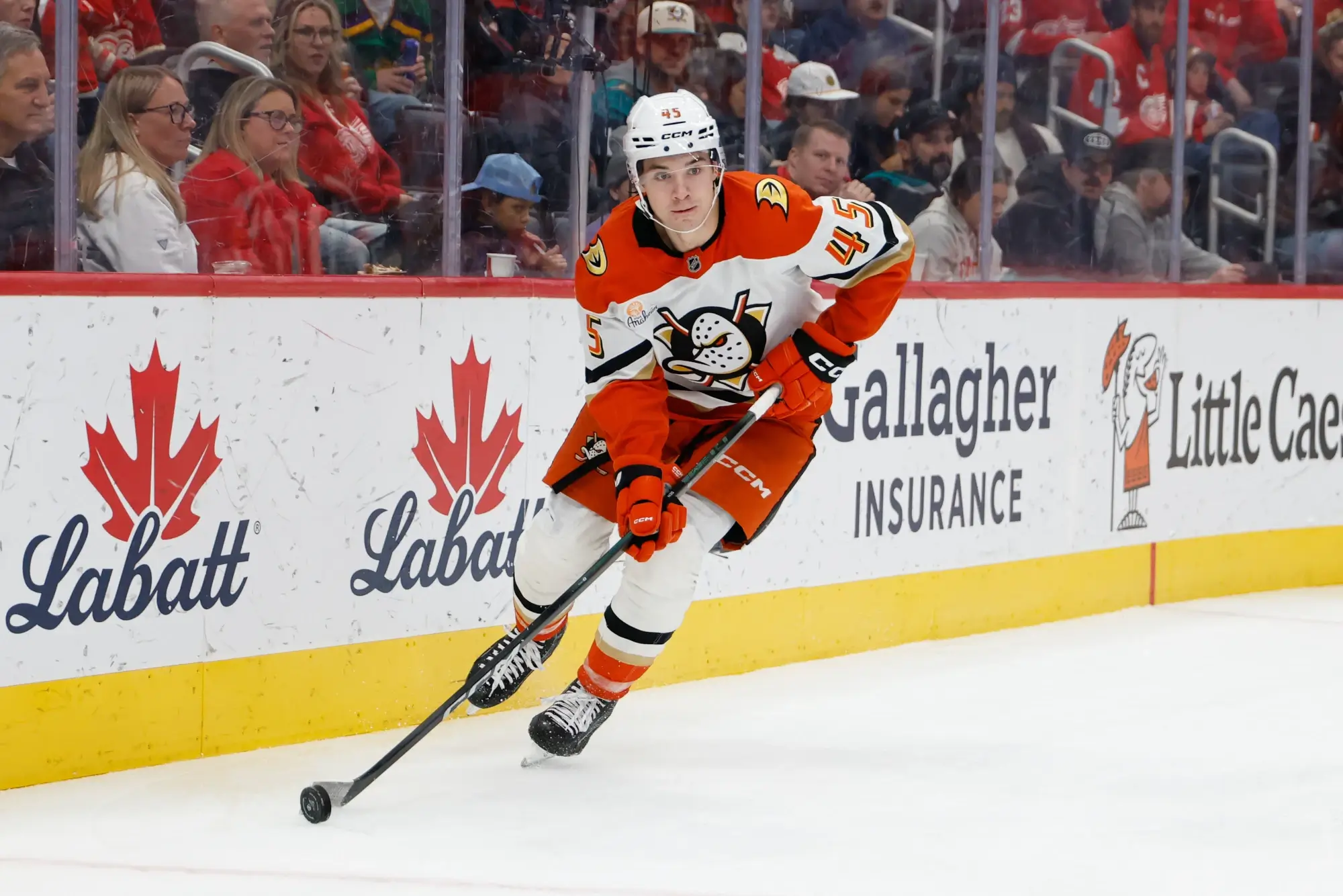 Nov 13, 2025; Detroit, Michigan, USA; Anaheim Ducks right wing Beckett Sennecke (45) skates with the puck in the third period against the Detroit Red Wings at Little Caesars Arena.