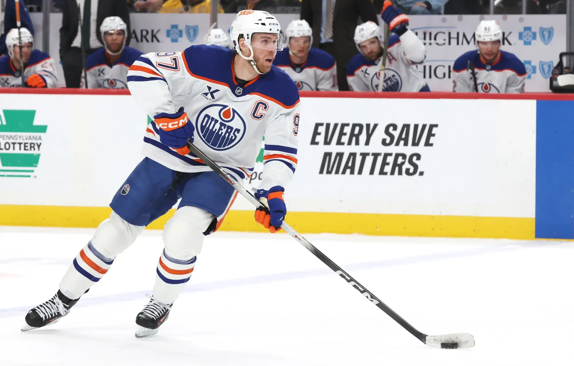 Dec 16, 2025; Pittsburgh, Pennsylvania, USA; Edmonton Oilers center Connor McDavid (97) skates up ice with the puck against the Pittsburgh Penguins during the second period at PPG Paints Arena.