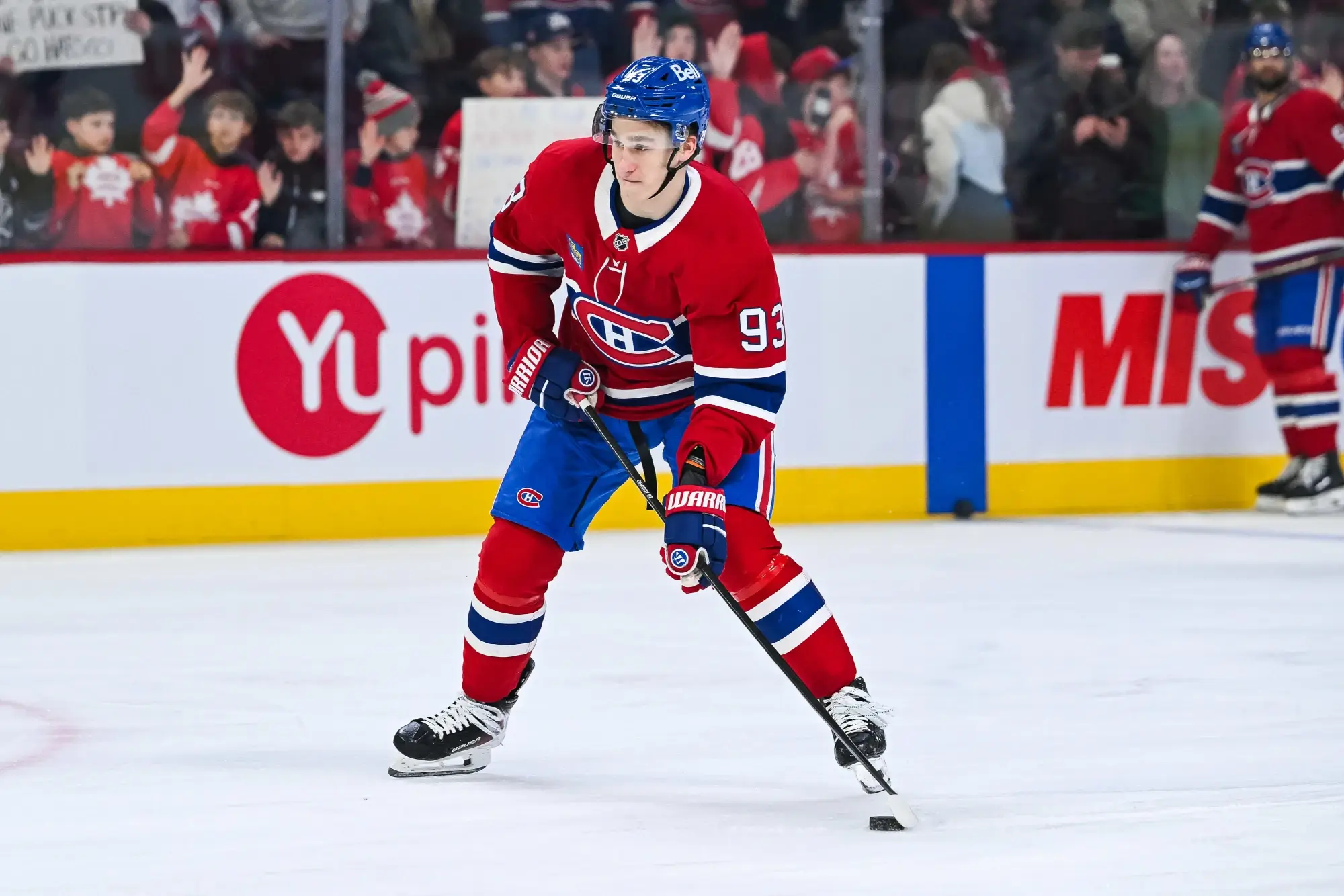 Nov 13, 2025; Montreal, Quebec, CAN; Montreal Canadiens right wing Ivan Demidov (93) skates with a puck during warm-up before the game against the Dallas Stars at Bell Centre.