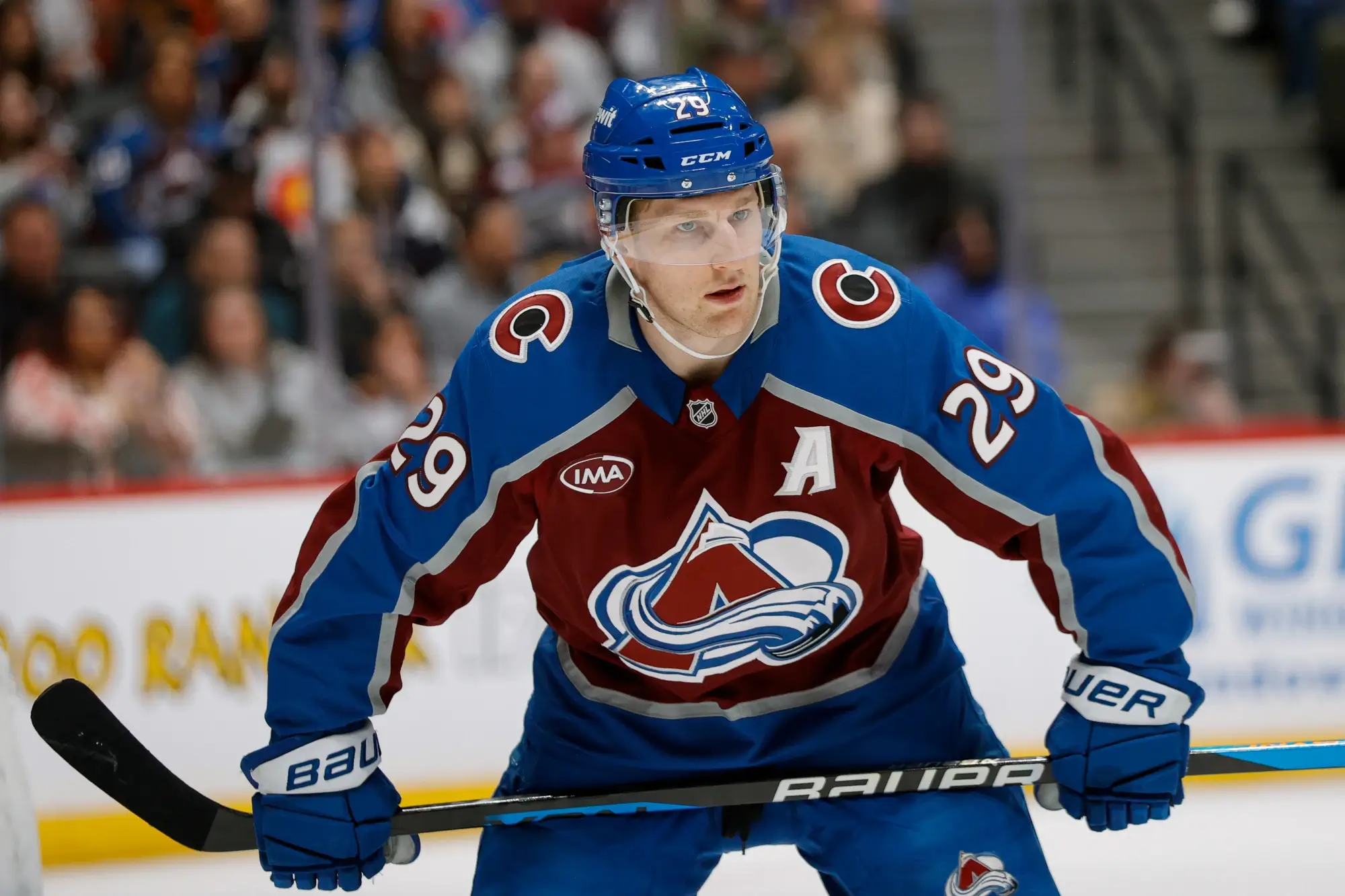 Dec 11, 2025; Denver, Colorado, USA; Colorado Avalanche center Nathan MacKinnon (29) in the first period against the Florida Panthers at Ball Arena.