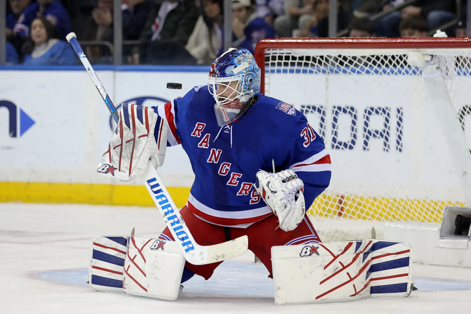 Dec 15, 2025; New York, New York, USA; New York Rangers goaltender Igor Shesterkin (31) makes a save against the Anaheim Ducks during the second period at Madison Square Garden. 