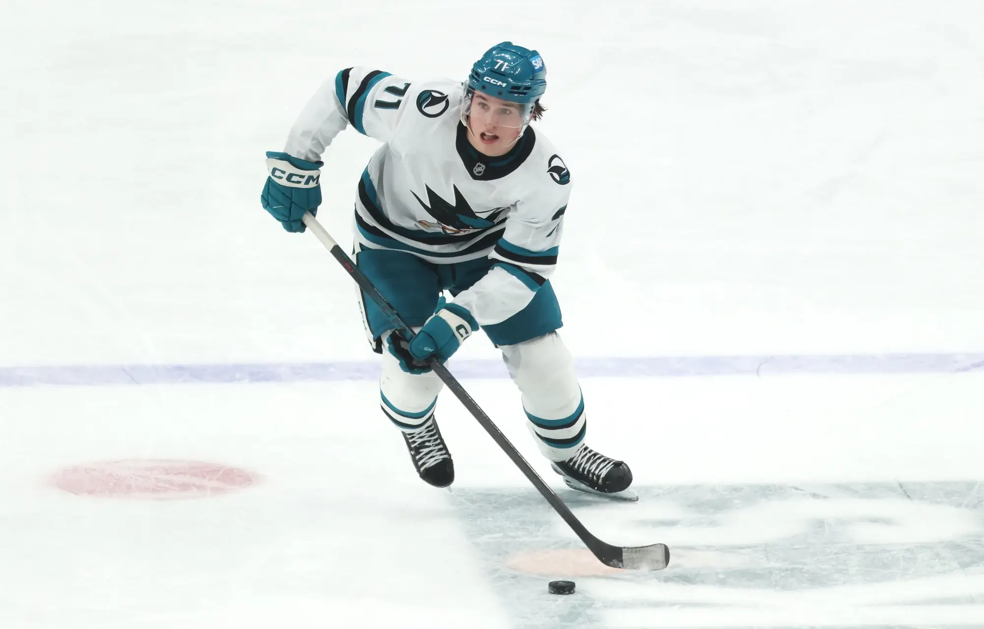 Dec 13, 2025; Pittsburgh, Pennsylvania, USA; San Jose Sharks center Macklin Celebrini (71) skates against the Pittsburgh Penguins during the third period at PPG Paints Arena.
