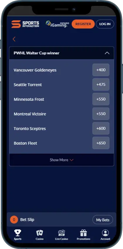 Sports Interaction PWHL To Win Outright