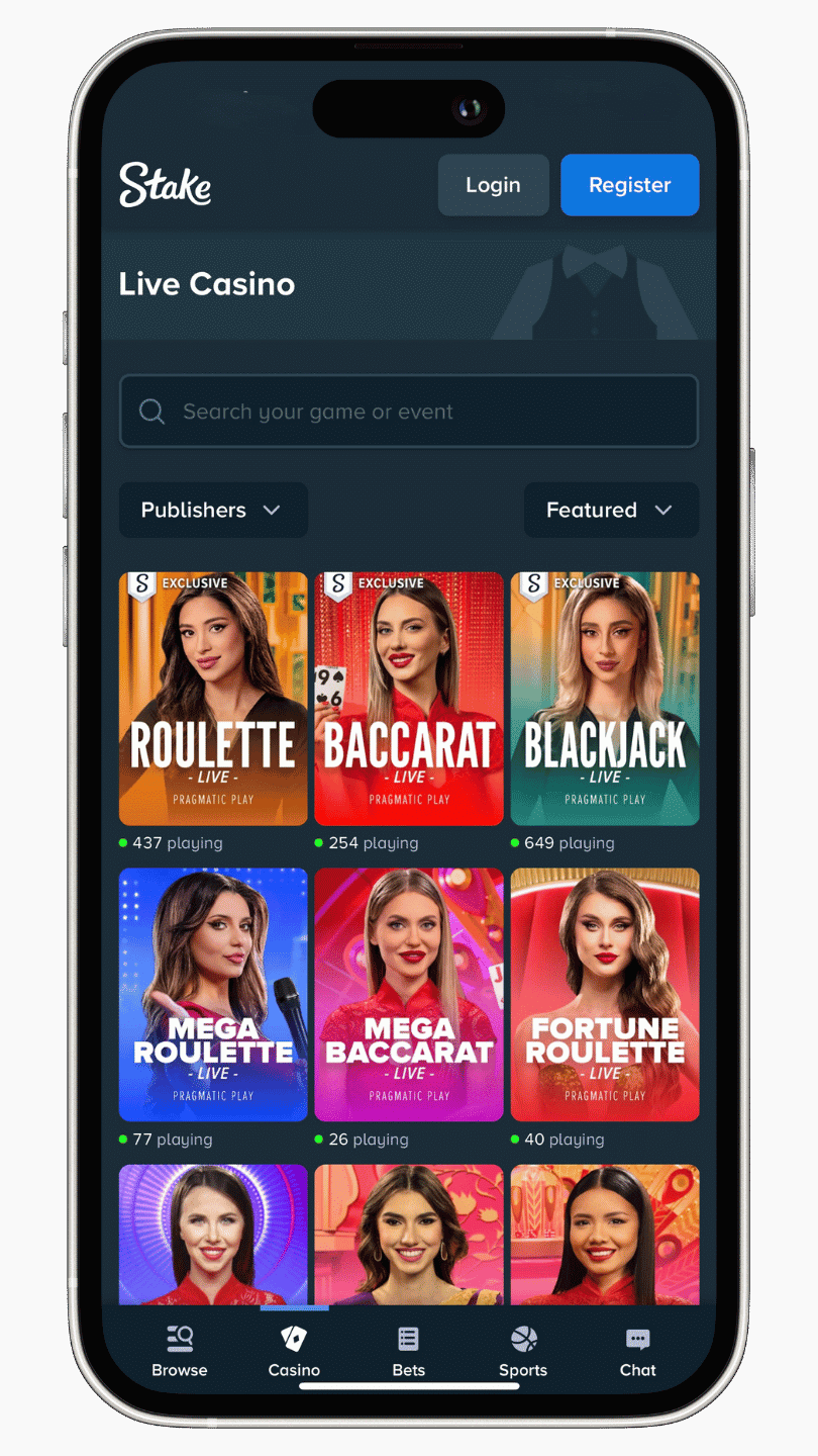 Screenshot of the Stake betting app live casino