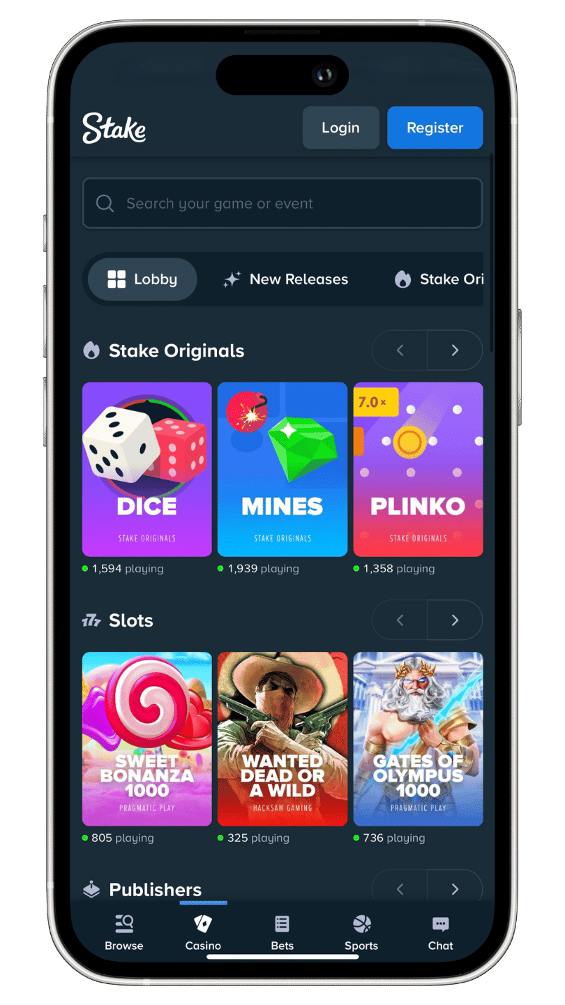 Screenshot of the Stake betting app lobby page