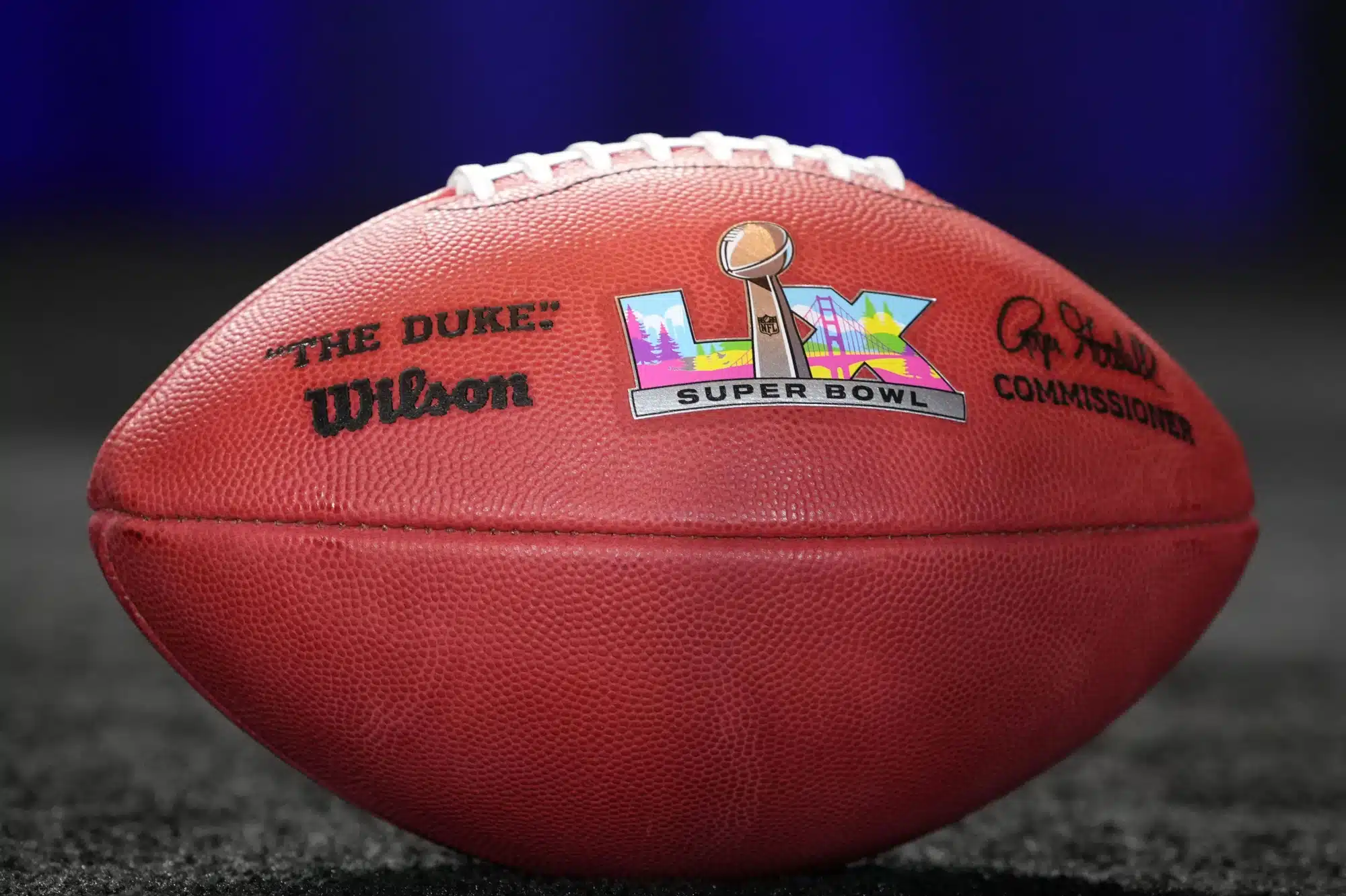 Feb 10, 2025; New Orleans, LA, USA; A Wilson official NFL Duke football with the Super Bowl LX (60) logo at the Super Bowl LIX host committee handoff press conference.
