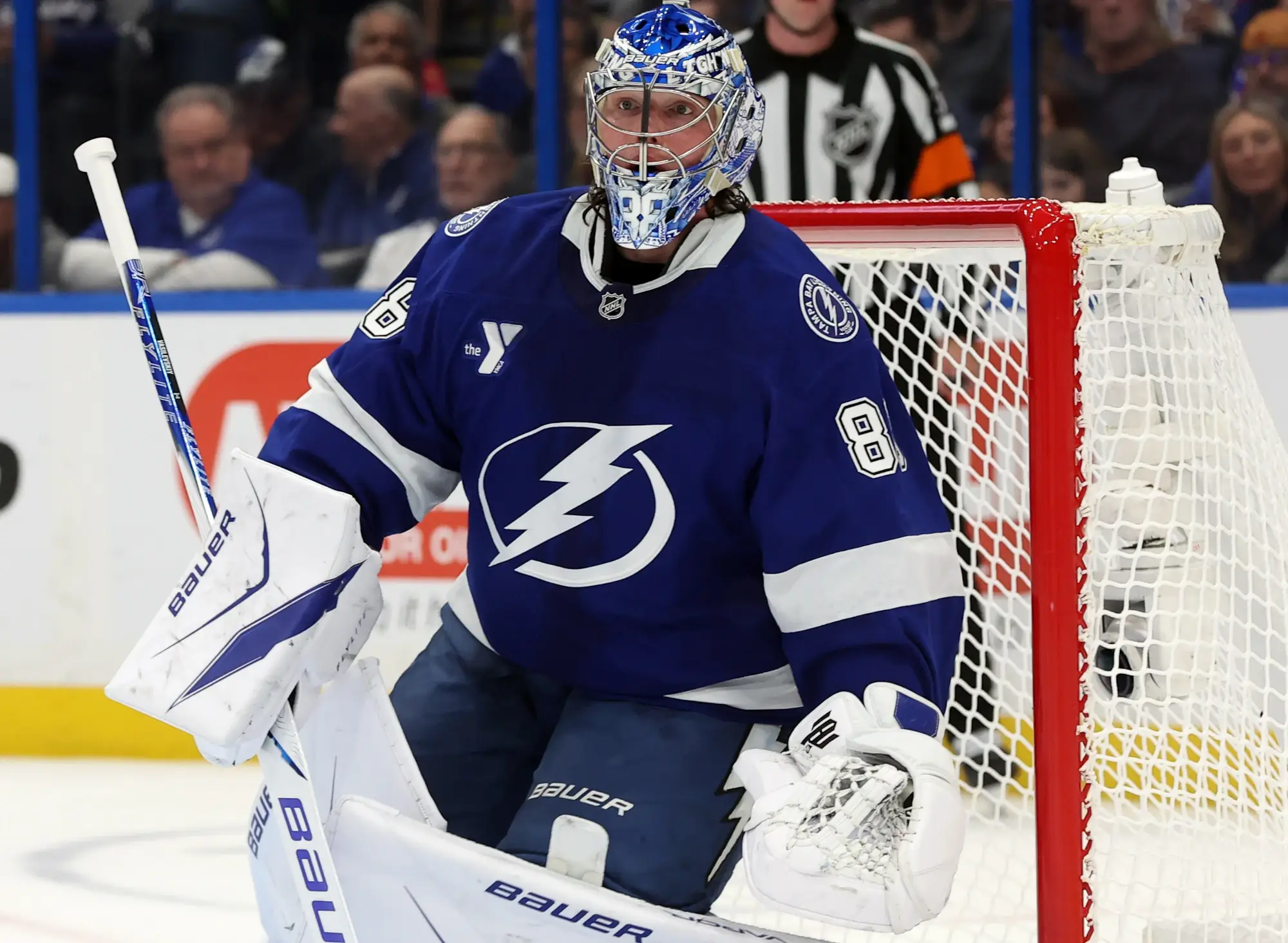 Nov 12, 2025; Tampa, Florida, USA; Tampa Bay Lightning goaltender Andrei Vasilevskiy (88) looks on against the New York Rangers during the second period at Benchmark International Arena. 