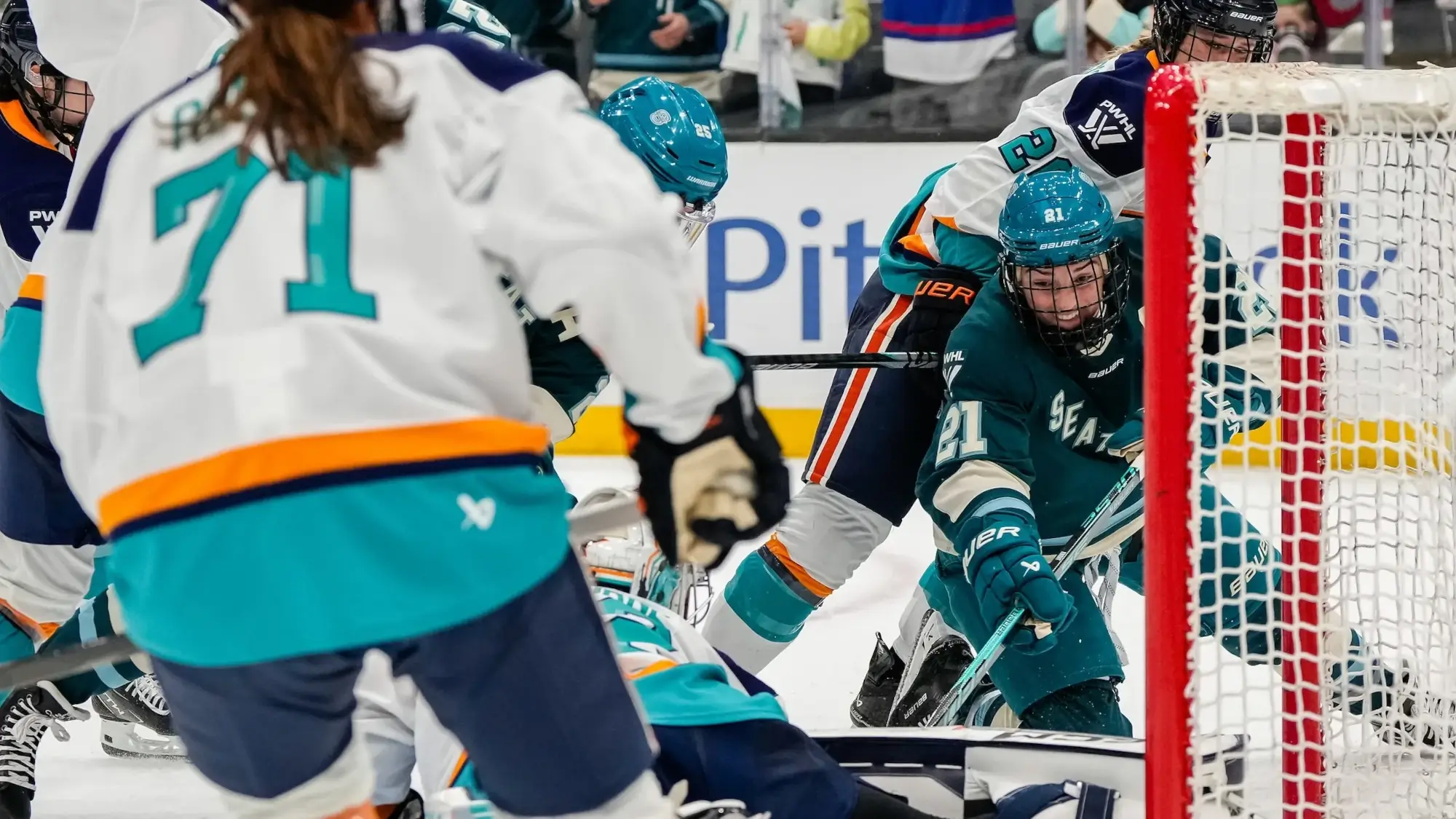 The Seattle Torrent battle with the New York Sirens in a PWHL game in December 2025.