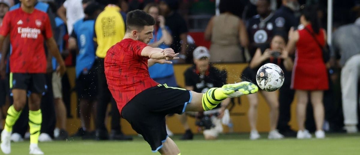 Arsenal midfielder Declan Rice (41) warms up before the game against MLS All Stars of the 2023 MLS All Star Game at Audi Field.