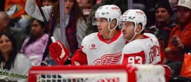 Detroit Red Wings right wing Alex DeBrincat (93) celebrates his goal scored against the Anaheim Ducks with right wing Patrick Kane (88) during the third period at Honda Center