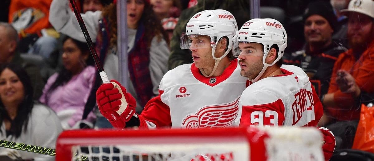 Detroit Red Wings right wing Alex DeBrincat (93) celebrates his goal scored against the Anaheim Ducks with right wing Patrick Kane (88) during the third period at Honda Center