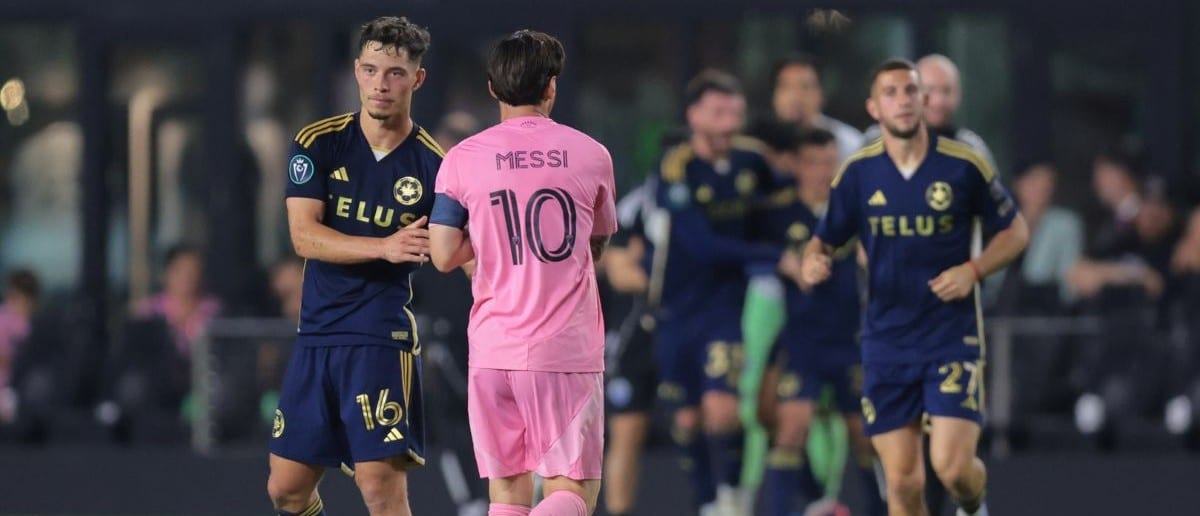 Vancouver Whitecaps midfielder Sebastian Berhalter (16) shakes hands with Inter Miami CF forward Lionel Messi (10) after the game at Chase Stadium